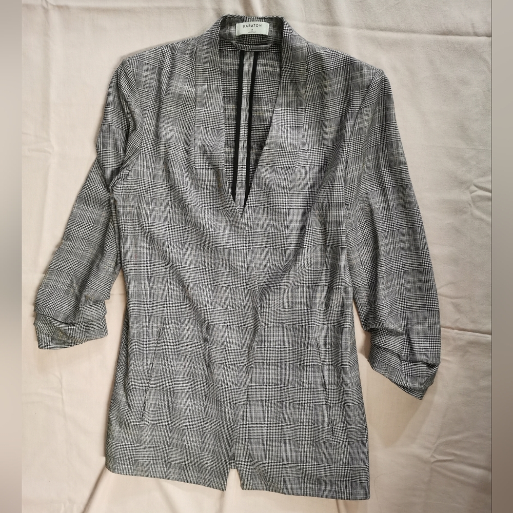 Aritzia Babaton Women's Plaid Open Front Ruched Sleeve Blazer Jacket 2